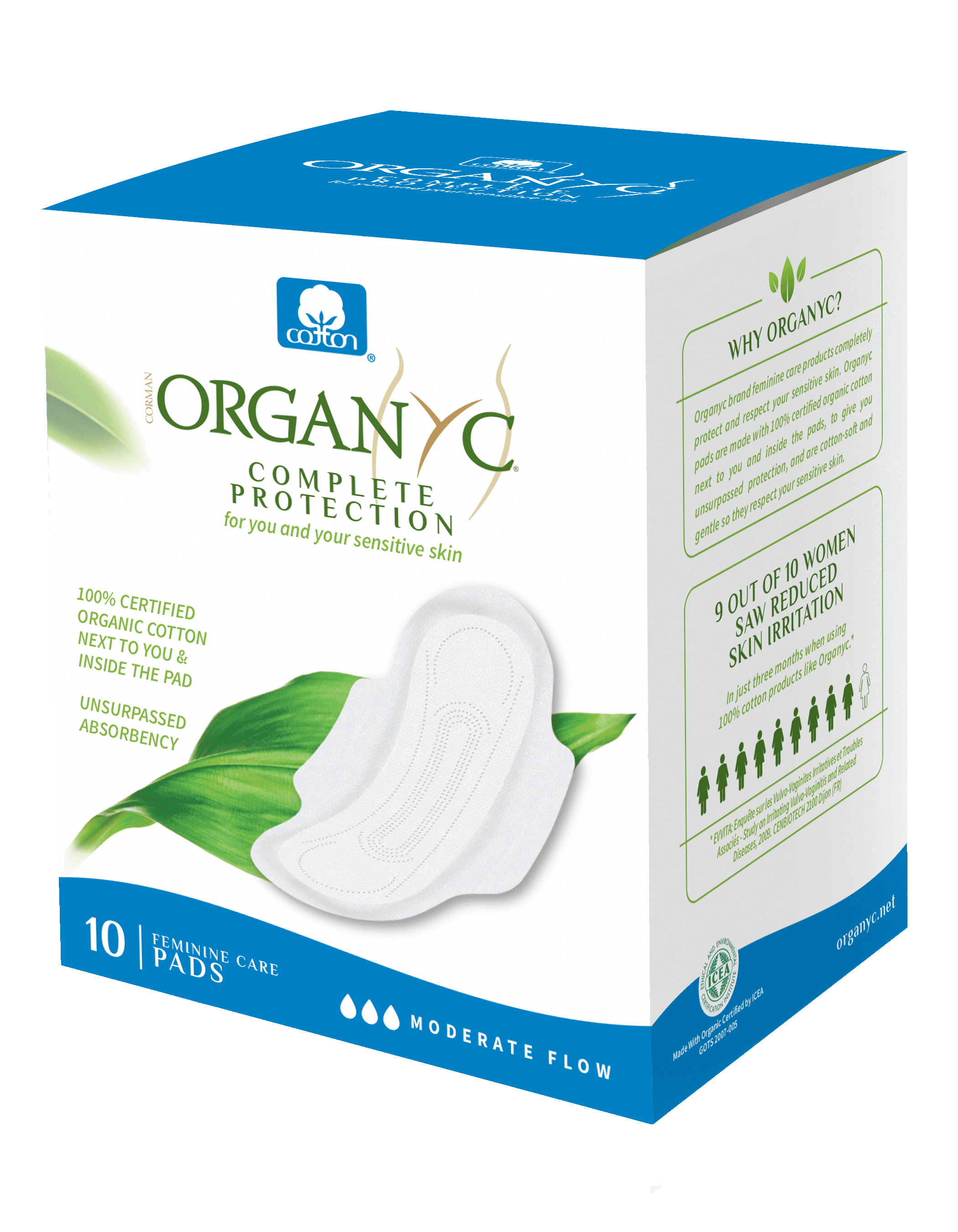 Organyc 100 Certified Organic Cotton Feminine Pads, Moderate Flow, 10