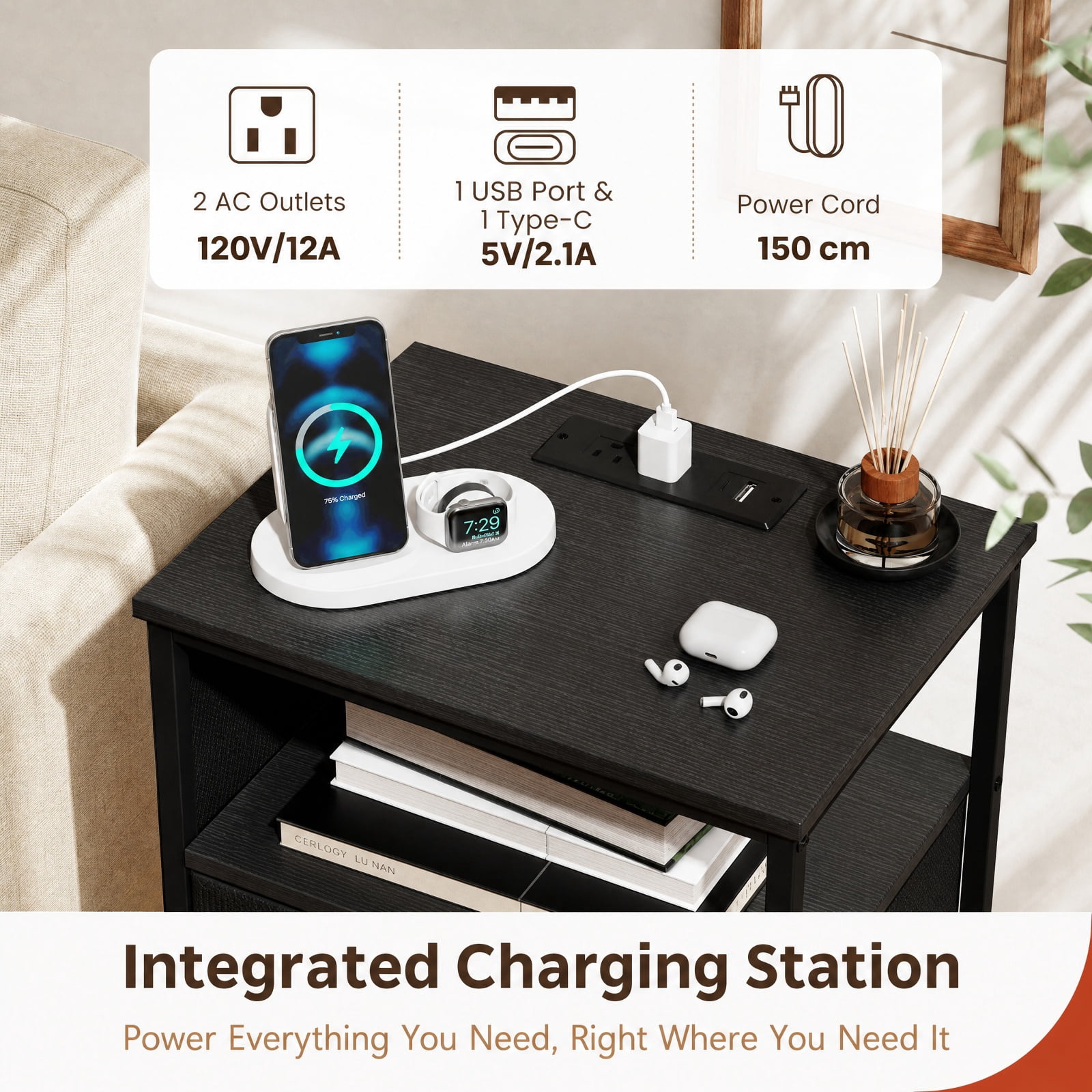 Furnibear Nightstand with Charging Station 24.5 inch Modern Bedside Table with Fabric Drawer for Bedroom Living Room Bedside Sofa Side Small, Black