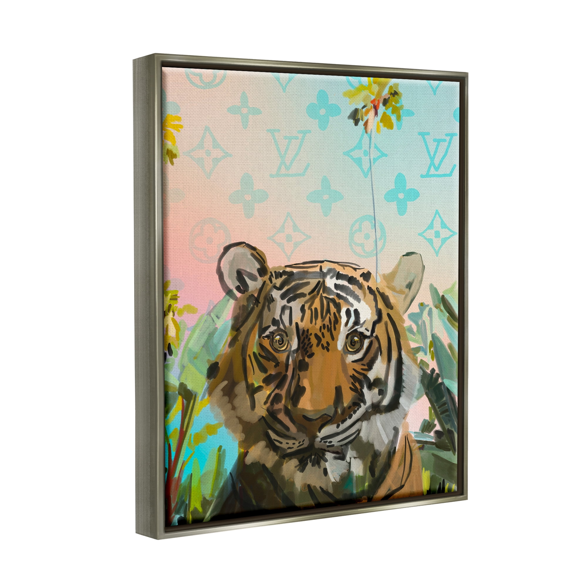 Stupell Industries Fashion Patterned Tiger Animals & Insects Painting Gray Floater Framed Art Print Wall Art, 17 x 21