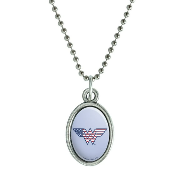 Wonder Woman USA American Flag Logo Antiqued Oval Charm Pendant with Chain