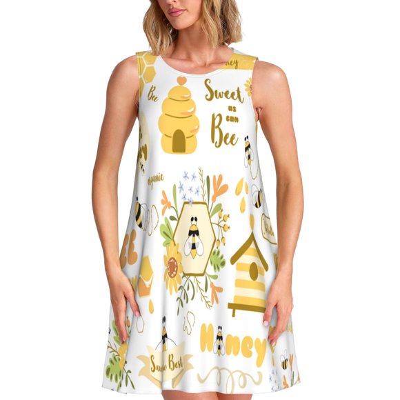 Bixox Farm Bee Cute Honey Print Women's Sleeveless A-Line Dress with Pockets, Casual Knee-Length Tank Dress for Summer-Medium
