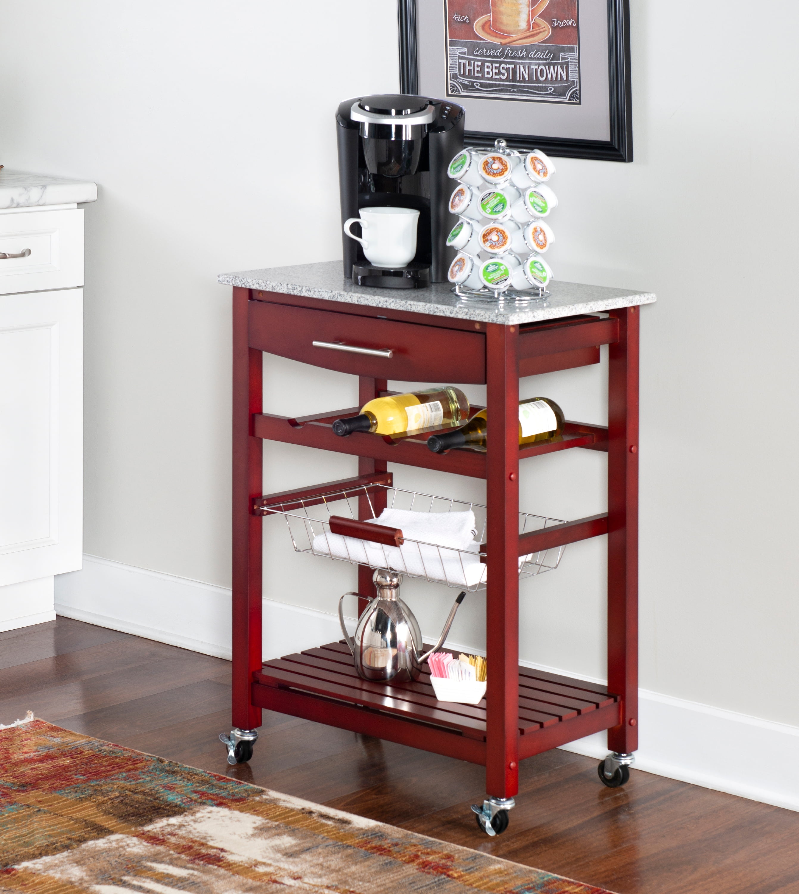 Linon Neyrey Mobile Kitchen Island with Speckled Granite Top, Wenge