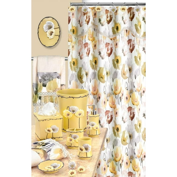Poppy Fields Moss Yellow 8 Piece Shower Curtain and Resin Wastebasket Set