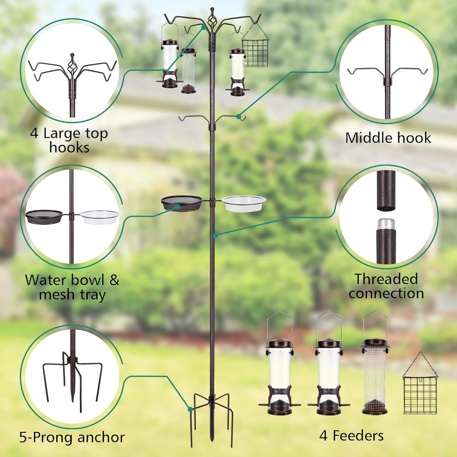 6-Hook Bird Feeding Station Kit, 94 Inch Heavy Duty Bird Feeder Stand Pole for Outdoors Hanging with 4 Feeders, Wide Metal Squirrel Baffle, Attracting Wild Birds