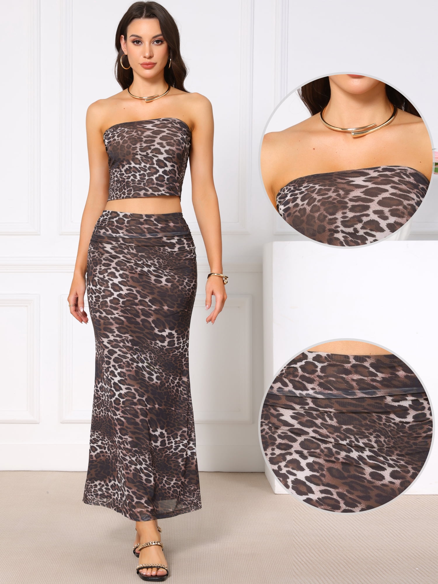 DARING DIVA Women's Two Piece Skirt Set Leopard Crop Top Skirts XL Brown