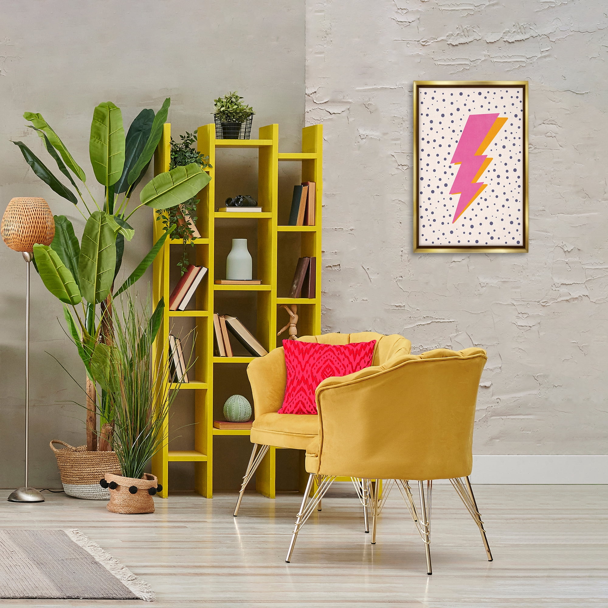 Stupell Industries Pink Dotted Lightning Bolt Abstract Painting Gold Floater Framed Canvas Art Print Wall Art, 17 x 25
