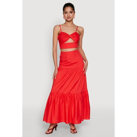 Womens Poplin High Waist Tiered Maxi Skirt