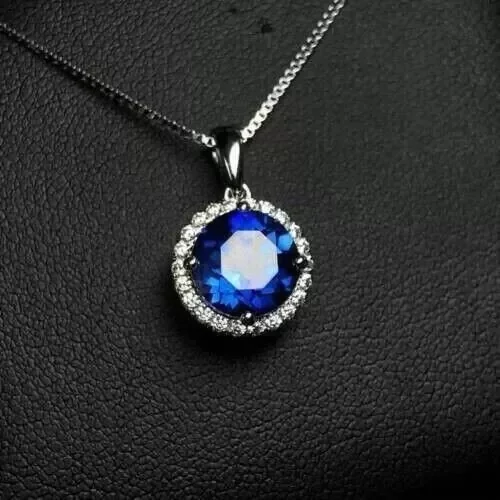 2Ct Round Lab Created Blue Sapphire Diamond Halo Pendant 14K White Gold Plated
