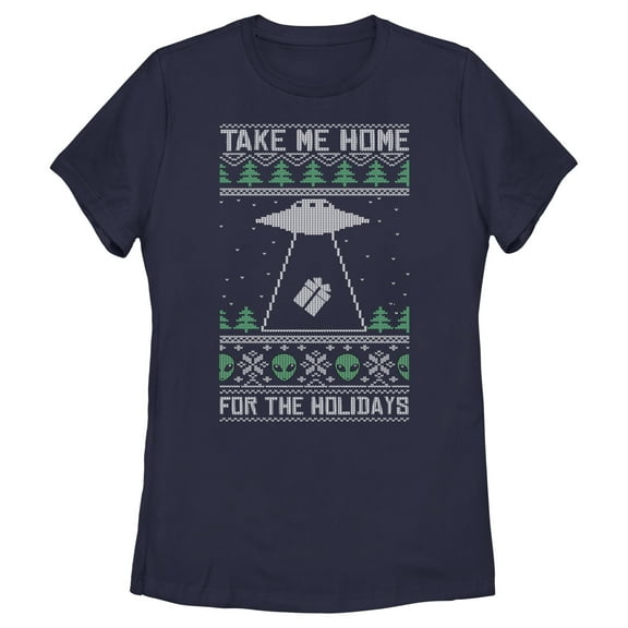 Women's Lost Gods Ugly Christmas Take Me Home for the Holidays Graphic Tee Navy Blue Large