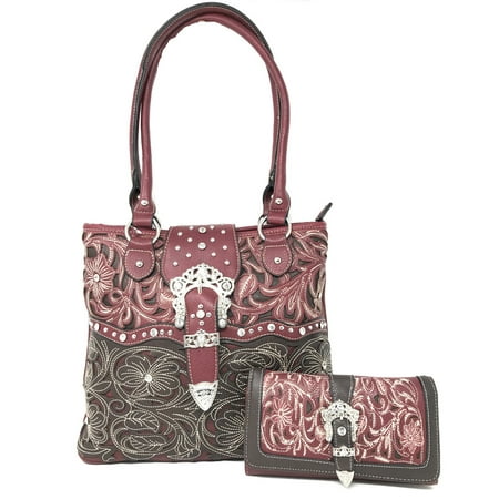 Double Buckle Tote - Texas West Rhinestone Buckle Concealed Carry Floral Womens Tote Handbag with Matching Wallet in Multi Colors