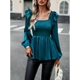 thumbnail image 6 of Wassery Womens Smocked Tops Long Sleeve Square Neck Pleated T-Shirts Slim Fit Blouses Fall Solid Color Dressy Tops, 6 of 8