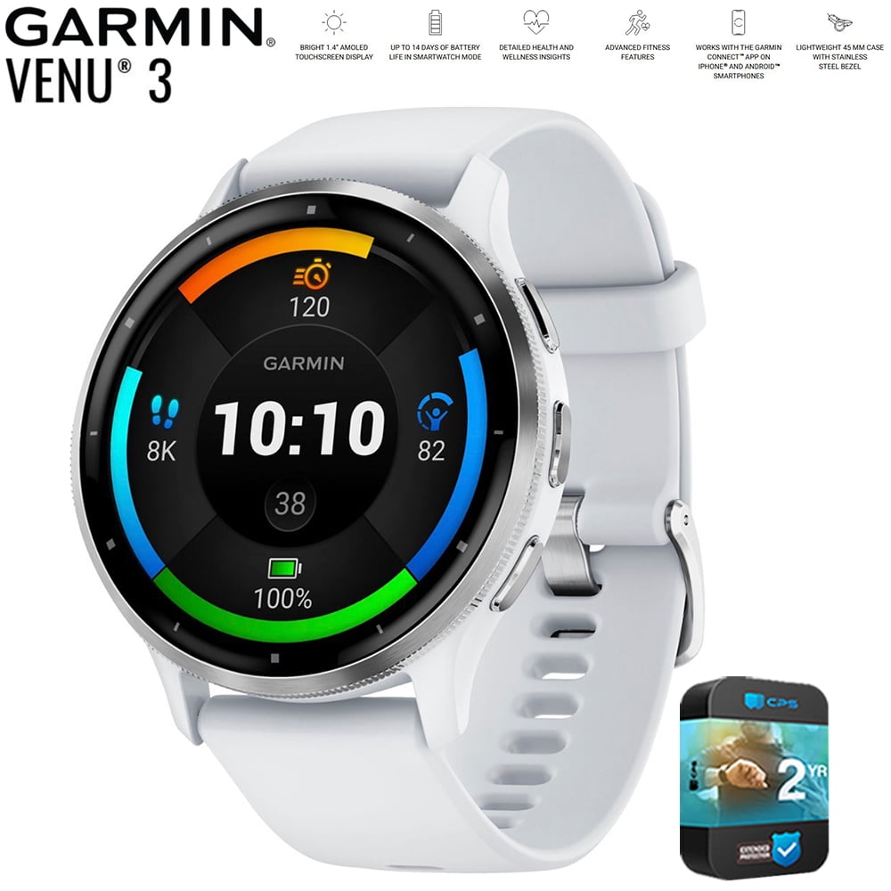 Restored Garmin 010-N2784-00 Venu 3 Health Fitness GPS Smartwatch Silver Bezel / Whitestone Band(45mm) (Refurbished) Bundle with 2 YR CPS Enhanced Protection Pack