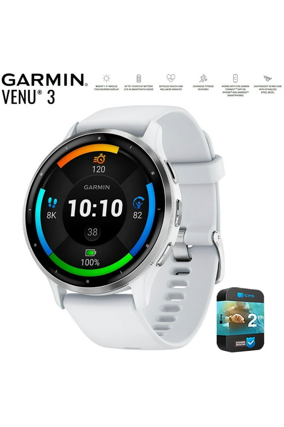 Restored Garmin 010-N2784-00 Venu 3 Health Fitness GPS Smartwatch Silver Bezel / Whitestone Band(45mm) (Refurbished) Bundle with 2 YR CPS Enhanced Protection Pack