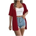thumbnail image 3 of BiZtdJrK Lightweight Crochet Cardigan for Women Short Sleeve Kimono Loose Casual Open Front Knitted Cardigan Sweaters Wine M Mothers Day Gifts, 3 of 8