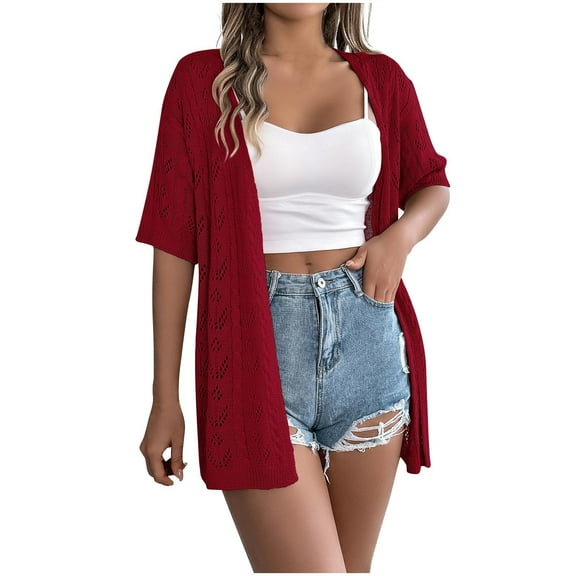 UAMVSH Women's Half Sleeve Crochet Cardigan Sweaters Lightweight Boho Hollow out Knitted Long Dusters Casual Fall Kimono Outwear(X-Large,Wine)