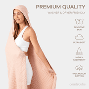 Comfy Cubs Adult Hooded Towel Large, 58 x 58 - Muslin Cotton Wearable Blanket, Blush