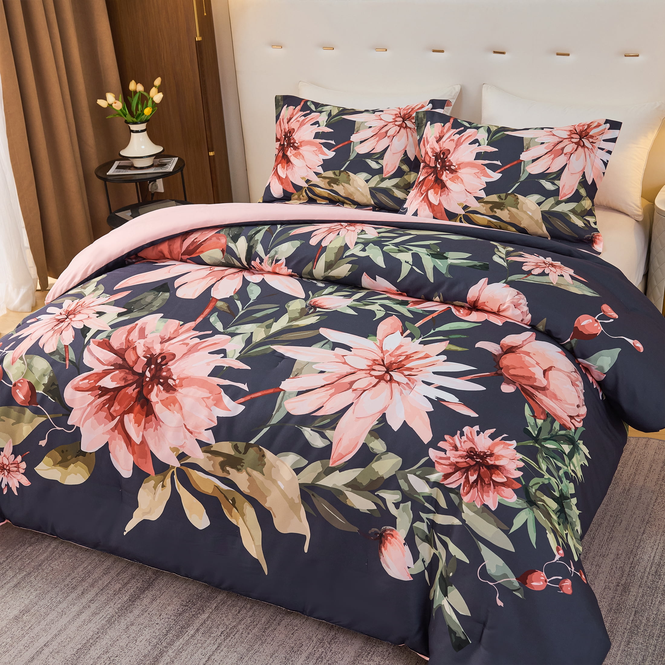 Koniroom Black and Pink Floral Comforter Set King Size – Reversible 3 Pieces Botanical Flower Bedding for All Seasons