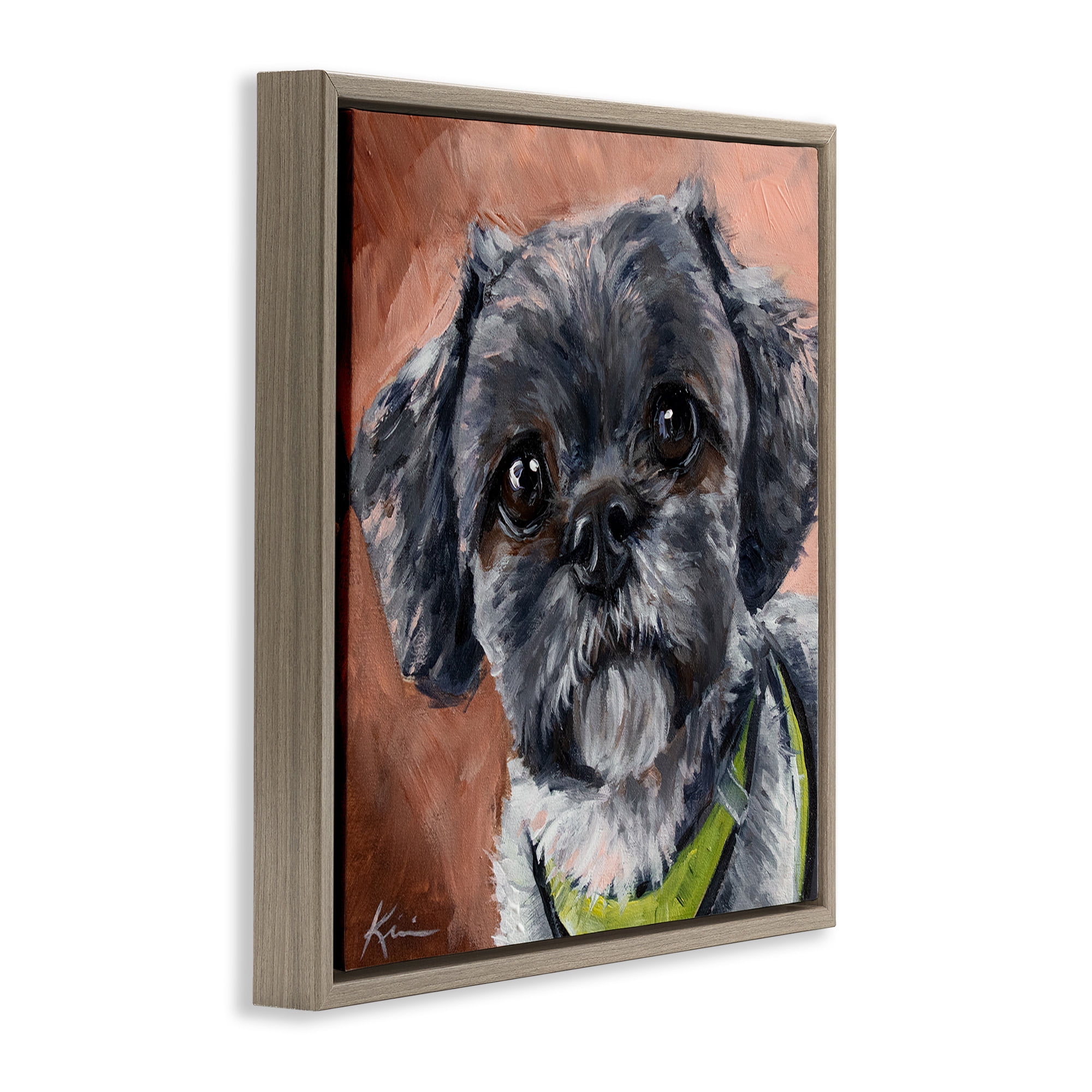 Stupell Industries Black Shih Tzu Dog Portrait Animals & Insects Painting Brown Floater Framed Canvas Art Print Wall Art, 25 x 25