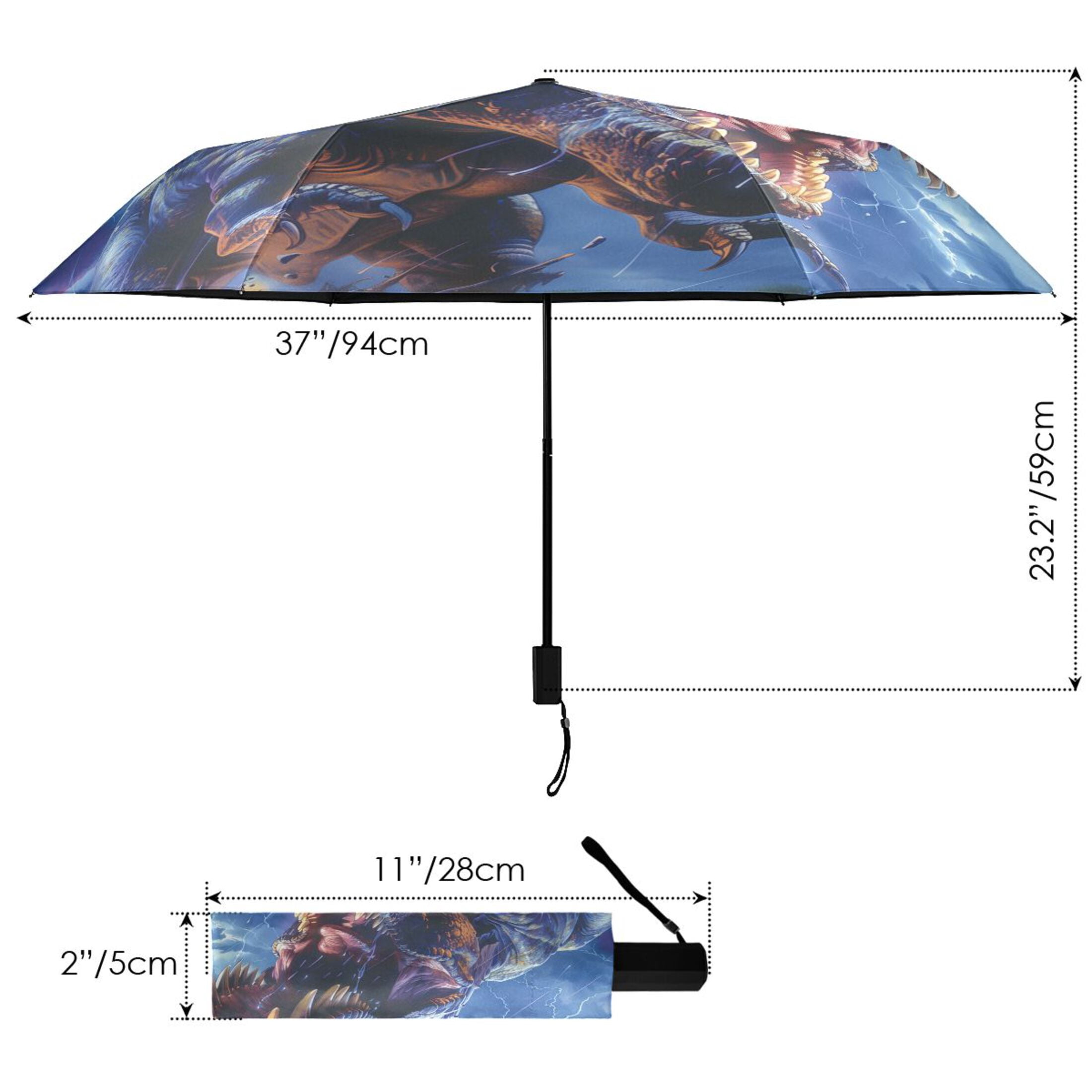 Compact Sun Umbrella Windproof Travel Umbrellas for Rain Strong Portable UV Protection Fierce Dinosaurs in Thunderstorm