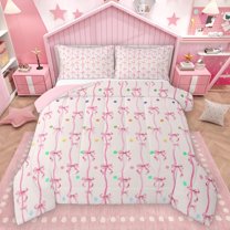 Manfei Cute Cartoon Bow Bedding Comforter Set, Pink Stripe Abstract Twin Comforter Sets, Kawaii Princess Style Reversible Bedding Set, Super Cozy Room Decor, 2-Piece