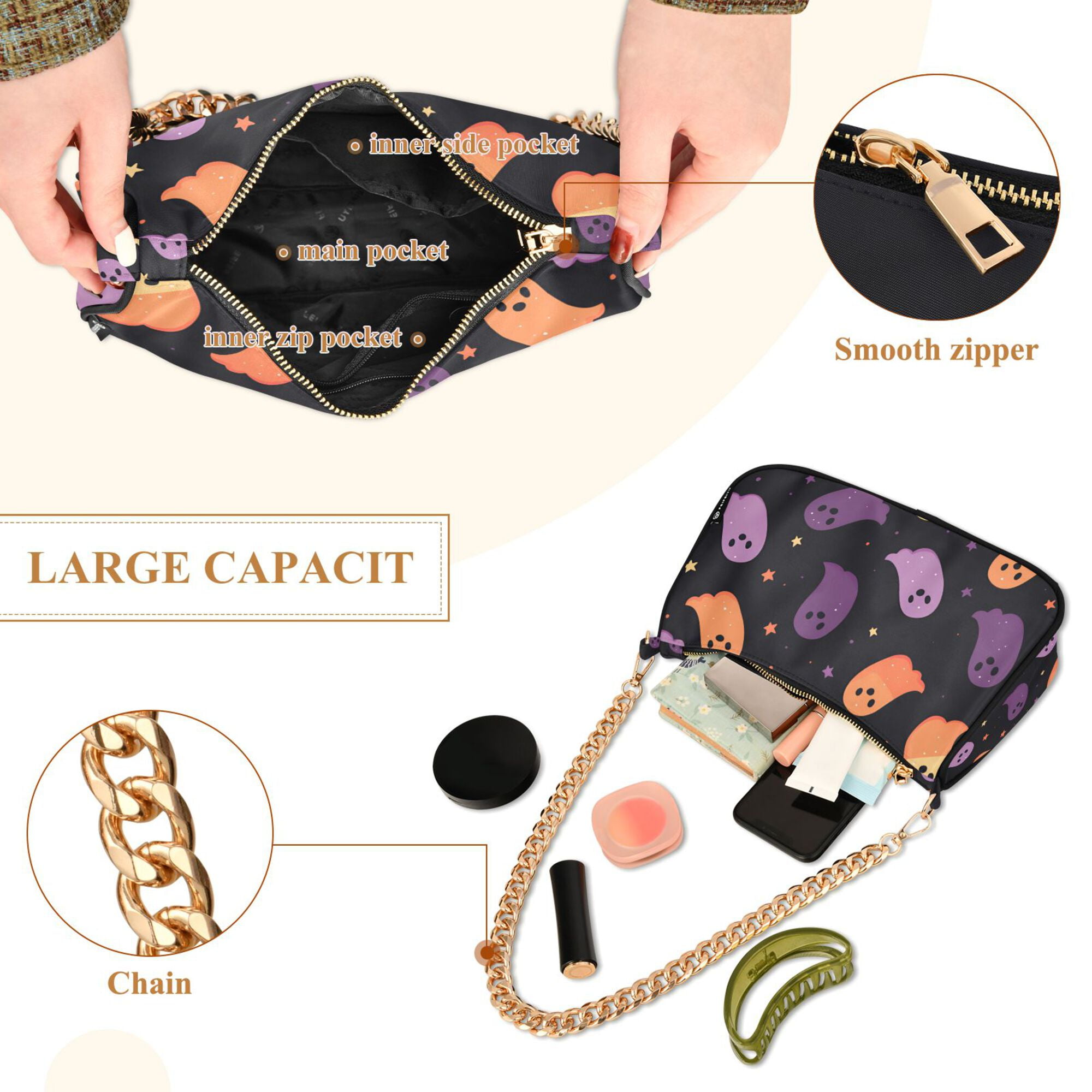 FORMRS Womens Shoulder Bag with Chain Strap Clutch Purse Cute Tote Handbag, Halloween Purple Ghosts
