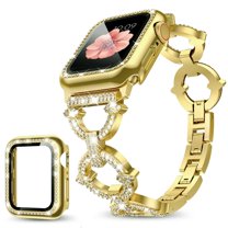 Dwitch Apple Watch Series 3/2/1 Band & Case,Bling Diamond Jewelry Metal Strap Band with 1 Pack Tempered Glass Screen Protector Cover Women Girl Bracelet Wristbands for iWatch 38mm,Gold