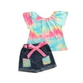 thumbnail image 3 of 2Pcs Toddler Baby Girl Clothes Rainbow Print Ruffles Sleeve Tops + Denim Shorts Outfits 1-6 Years, 3 of 4