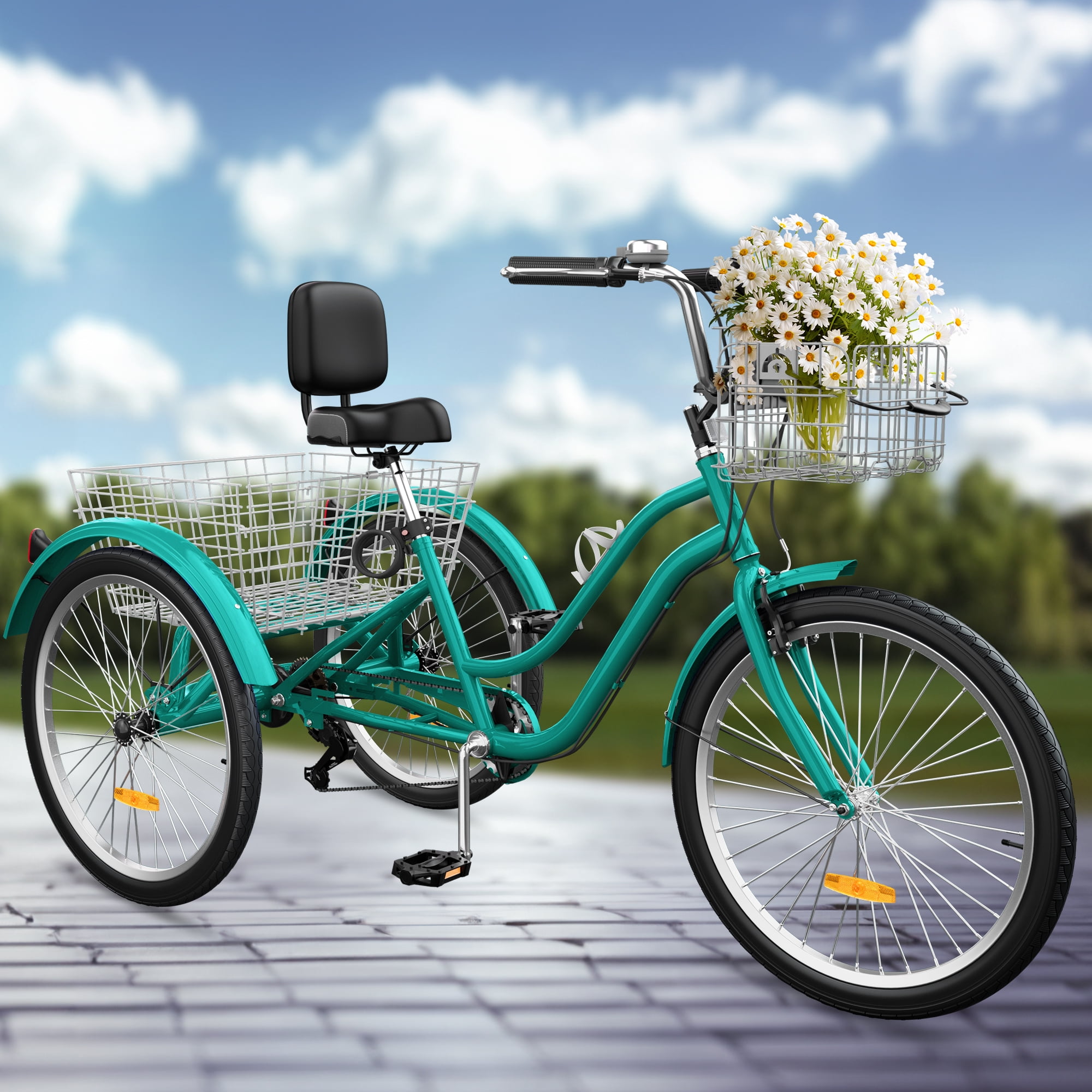 Uforic 7-Speed 26-Inch Tricycle, 3-Wheel Adult Cruiser Bike, Low Step-Through Design with Front and Rear Baskets, Large Adjustable Seat with Backrest for Seniors, Women, and Men (Mint Green)