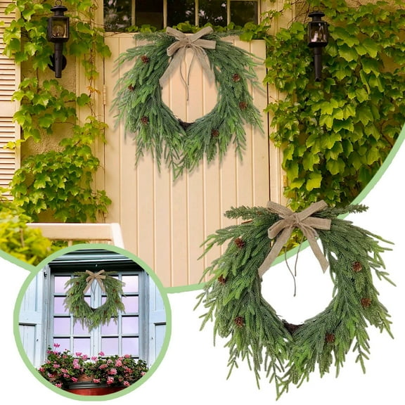 Christmas Norfolk Pine Wreath Artificial Real Touch Norfolk Wreath Winter Farmhouse Greenery Decoration with Ribbon Bow for Front Door Xmas Indoor Outdoor Home Decoration