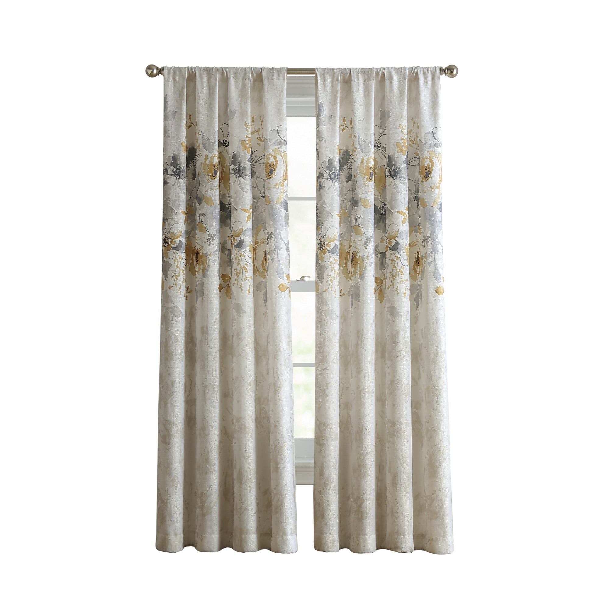 Curtainworks Watercolor Floral Poletop Curtain Panel, 84"L x 50"W, Gold, 100% Polyester, Adult, Indoor