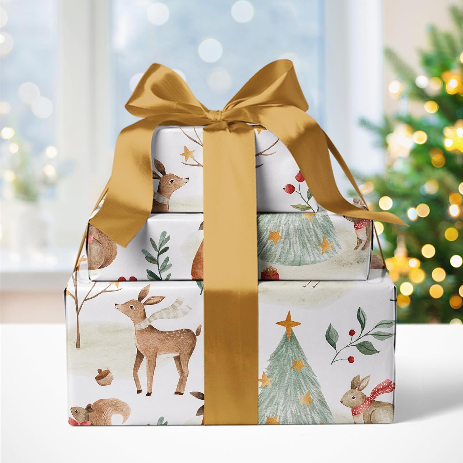 Kraft Christmas Wrapping Paper - Mini Roll - 17 Inch x 33 Feet - Warm Forest Animal Friends and Christmas Tree Wrapping Paper for Holiday, Party Celebration