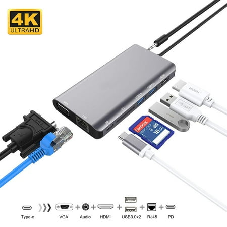 USB Type C Hub for MacBook Air 2018, MacBook Pro 2018/2017/2016, 8-in-1 Type C Hub Adapter with Ethernet Port, 4K HDMI, SD Card Reader, USB-C Power Delivery, VGA, 2 USB 3.0 Ports and Audio, (Best 4k Monitor For Macbook Pro Retina 2019)