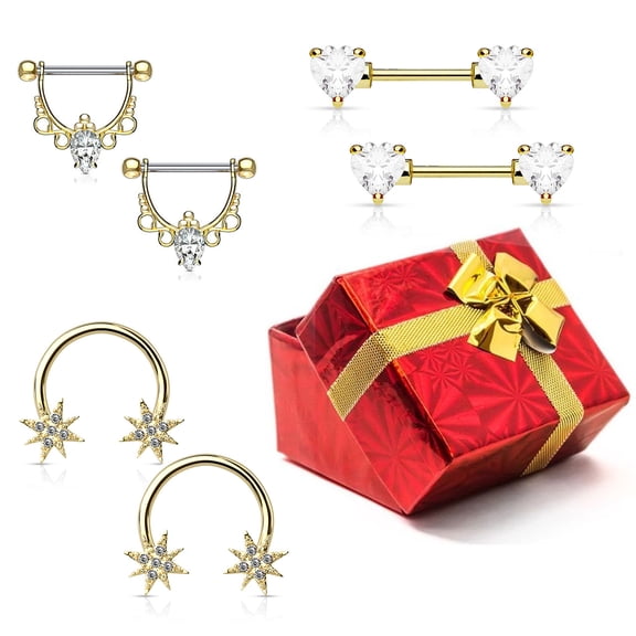 Pack of 3 Pairs of Assorted Designed Nipple Piercing Jewelry 14g- Gift Box