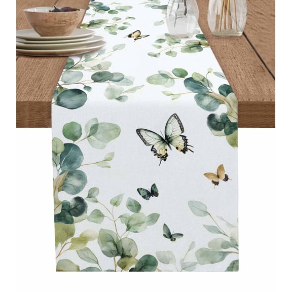 Table Runner 70 Inch Long - Spring Gradient Eucalyptus LeafDecorative Table Scarf,Country Elegant ButterflyDining Table Runners for Wedding Party Kitchen Dining Tables