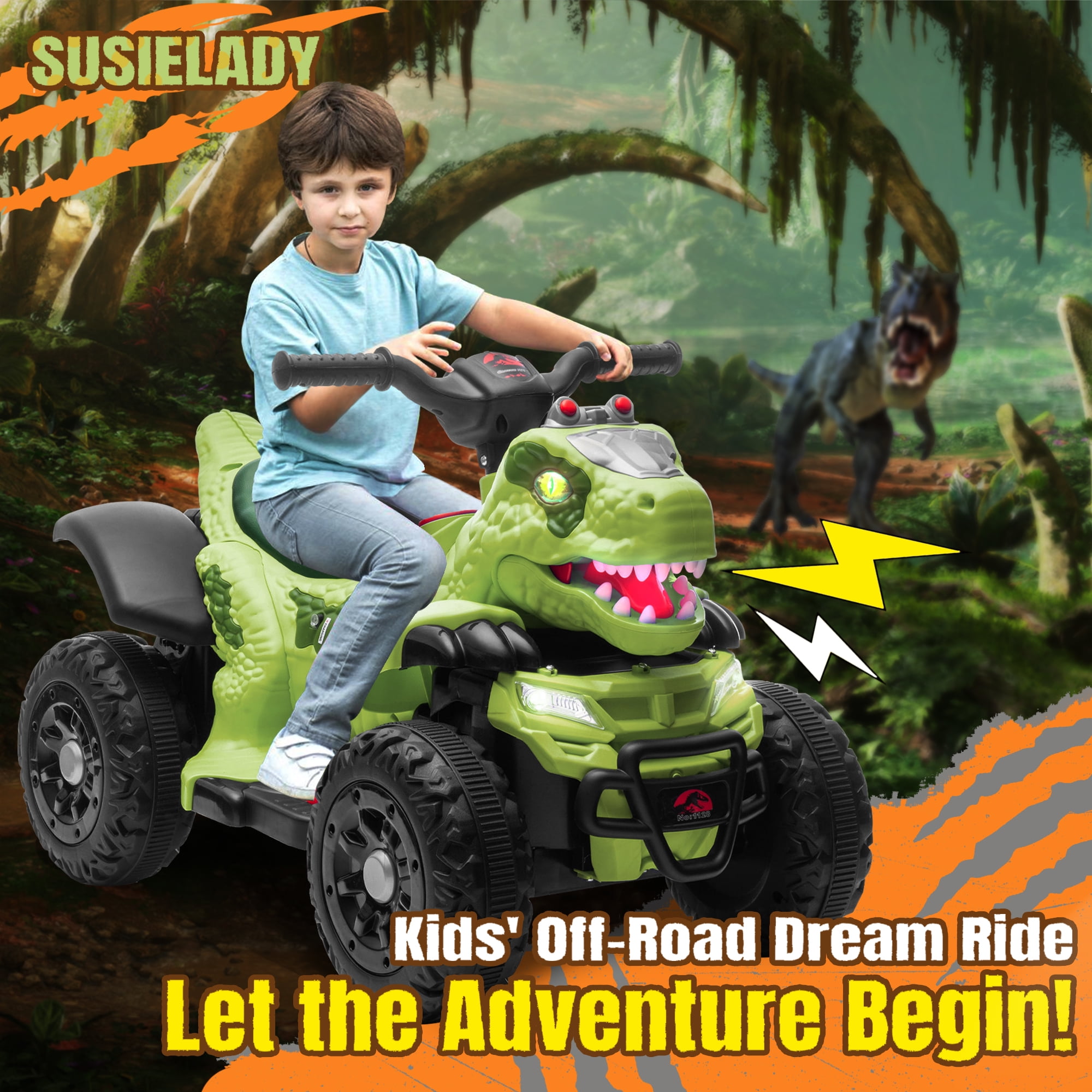 SUSIELADY 12V Kids Dinosaur Ride on ATV, Quad 4 Wheeler Dinosaur Design, Electric Ride on Toy, Music Early Education Function, Power Display, Safe Driving, Outdoor Toy for Boys Girls Aged 2-6, Green