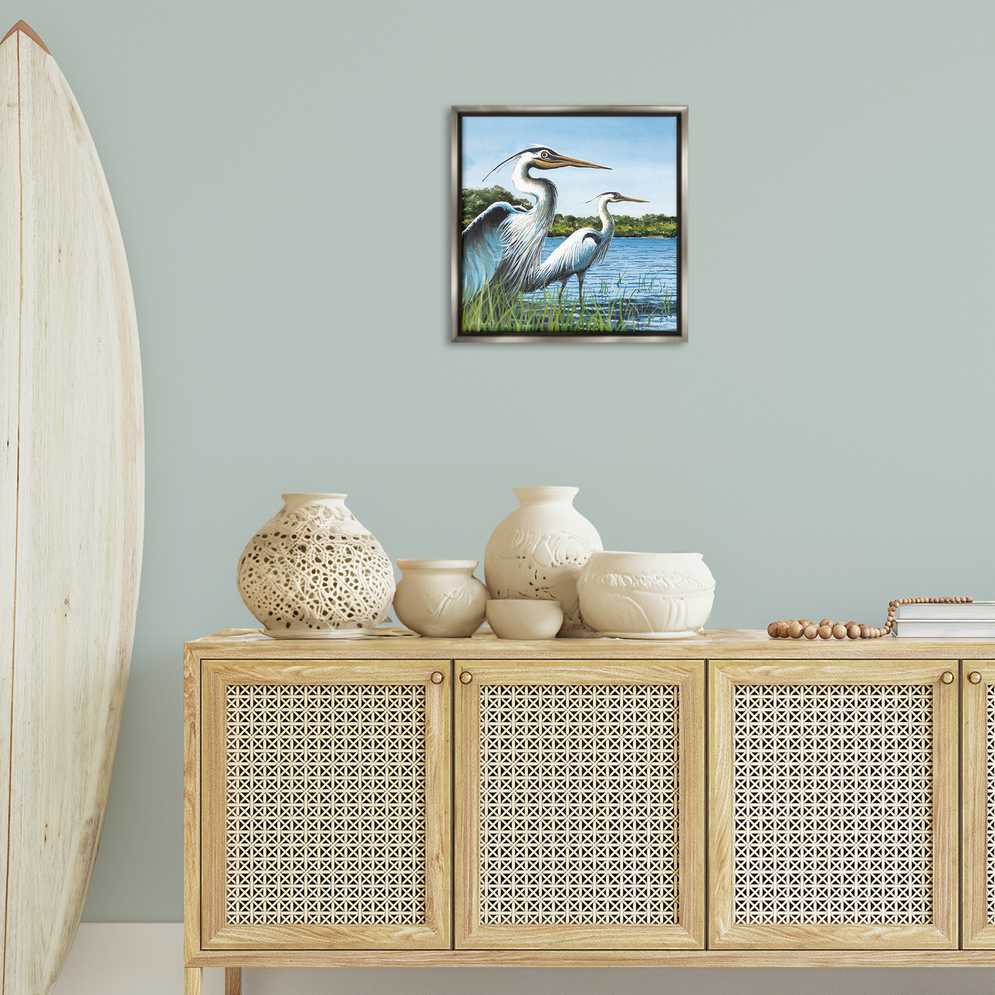 Stupell Industries Traditional Egrets Gazing Animals & Insects Painting Gray Floater Framed Canvas Art Print Wall Art, 18 x 18