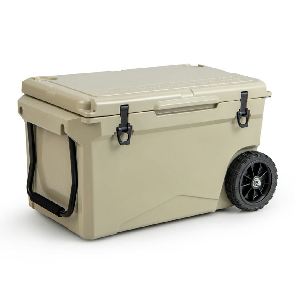 GVN Refrigerator Freezer, Fridge,75 Quart Portable Cooler Rotomolded Ice Chest with Handles and Wheels-Tan