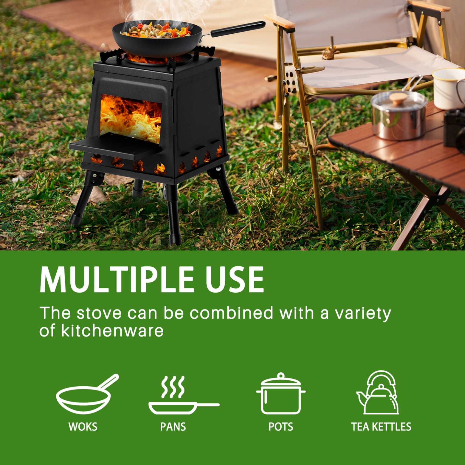 Wood Burning Camp Stove, Portable Cast Iron Camping Wood Stove, Black Woodstove with Carrying Case for Backpacking Outdoor Cooking, Small