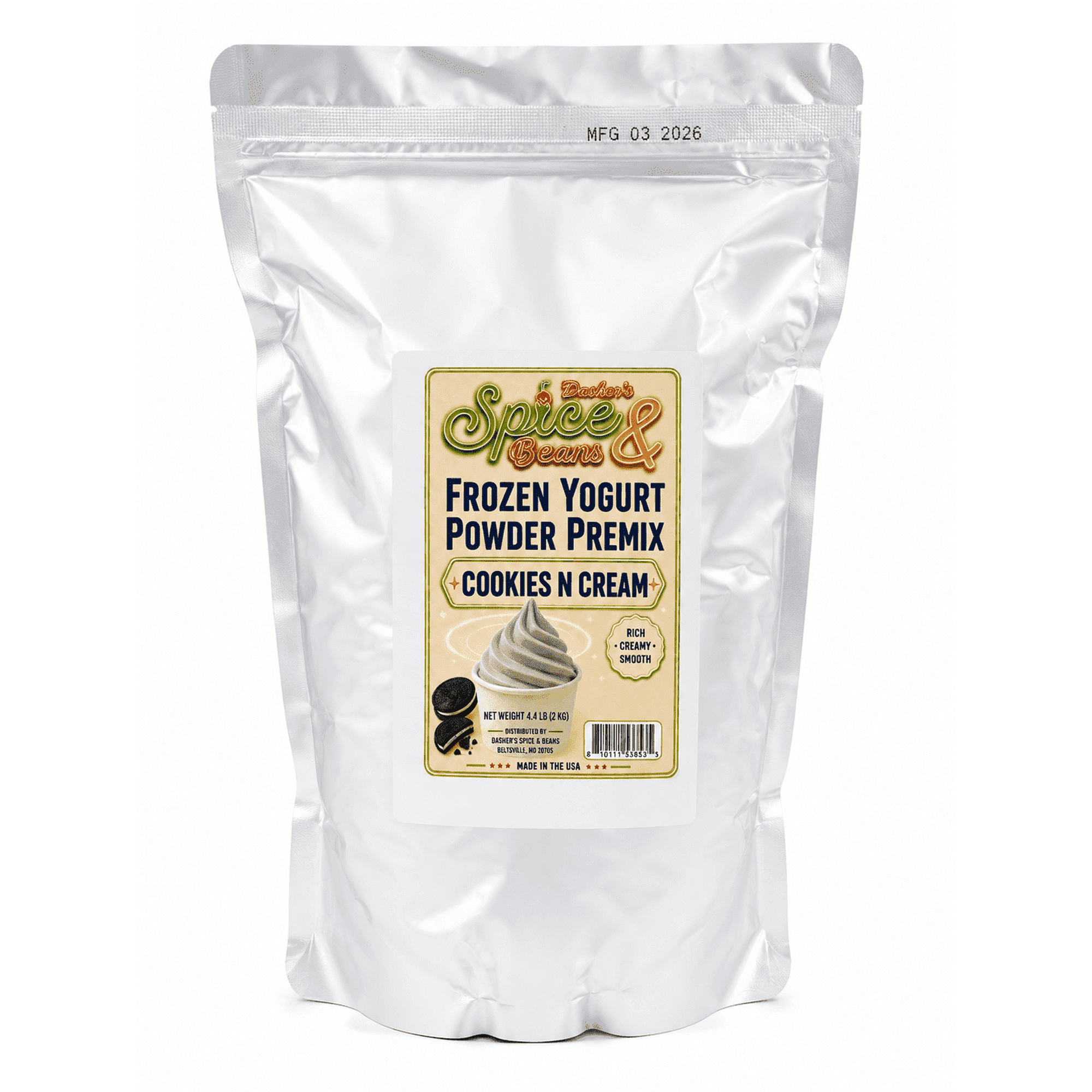 Cookies N' Cream Frozen Yogurt Powder Premix 4.4 lb (2 kg) | Frozen Desserts, Soft Serve & Treats | Made in USA | Dasher's Spice & Beans