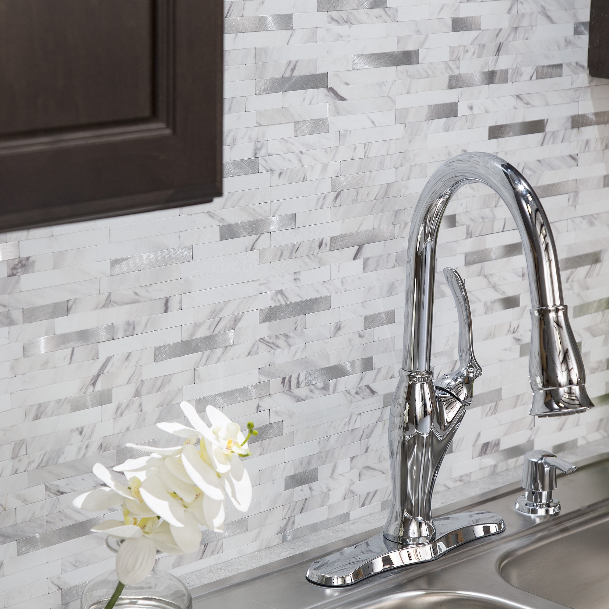Aspect Collage 12in x 5.8in Peel and Stick Backsplash in Marble Shine (2pc per pack/5-Pack)
