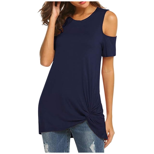 Timegard Tops for Women Round Neck Clod Shoulder Short Sleeve Front Knot Tunic Tops Summer Fashion