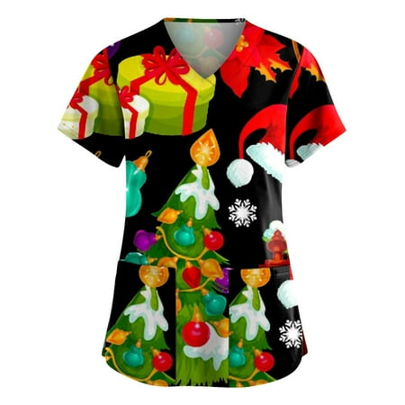 

S LUKKC LUKKC Scrub Tops for Women Classic Fit 2 Pockets Four-Way Stretch Anti-Wrinkle Scrub Top V-Neck Short Sleeve Working Uniform Christmas Printing Nurse Shirts Tunic Blouse