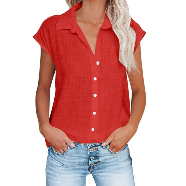 Timegard Plus Size Tops for Women Cotton Linen Cap Sleeve Lapel V-Neck Button down Casual Tops Blouse