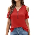 thumbnail image 1 of Timegard Womens Plus Size Tops Zipper V Neck Cold Shoulder Short Sleeve Slim Fitting Tee Casual Comfy Tops, 1 of 8