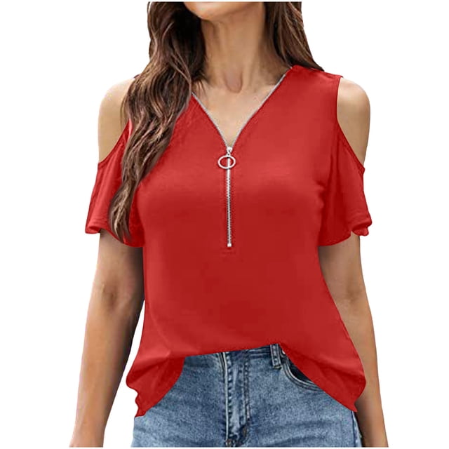 Timegard Womens Plus Size Tops Zipper V Neck Cold Shoulder Short Sleeve Slim Fitting Tee Casual Comfy Tops