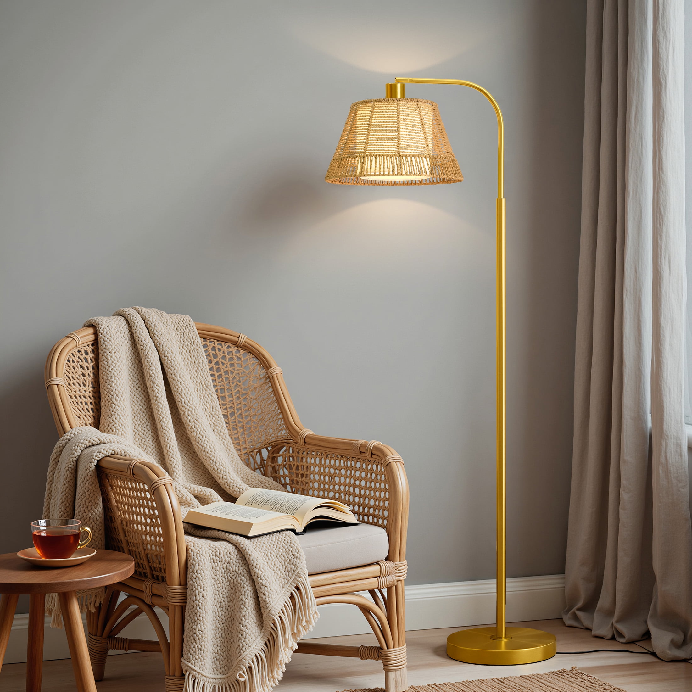 Oneach 62.5" Boho Metal Floor lamp with Bell Rattan Shade,Farmhouse Gold Standing Tall Lamp for Living Room Bedroom,Home,Office