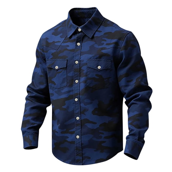 LEKWK Men's Camo Western Shirt Military Pattern Long Sleeve Button Down Top Cowboy Rodeo Style Hiking Outdoor Blouse