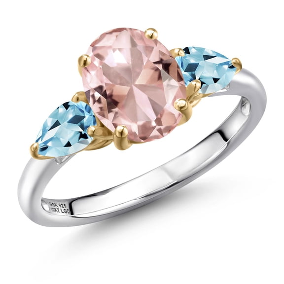 Gem Stone King 925 Silver and 10K Yellow Gold Peach Nano Morganite and Sky Blue Topaz Engagement Ring for Women | 3.00 Cttw | Oval 9X7MM | Gemstone October Birthstone | Size 5
