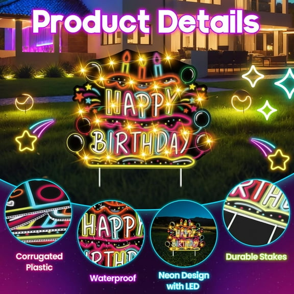 FGERFE-Happy Birthday Yard Signs with Stakes - LED Outdoor Lawn Signs Neon Waterproof Sign with Lights - Gift Box Lighted Yard Signs for Garden Outdoor Party Supplies