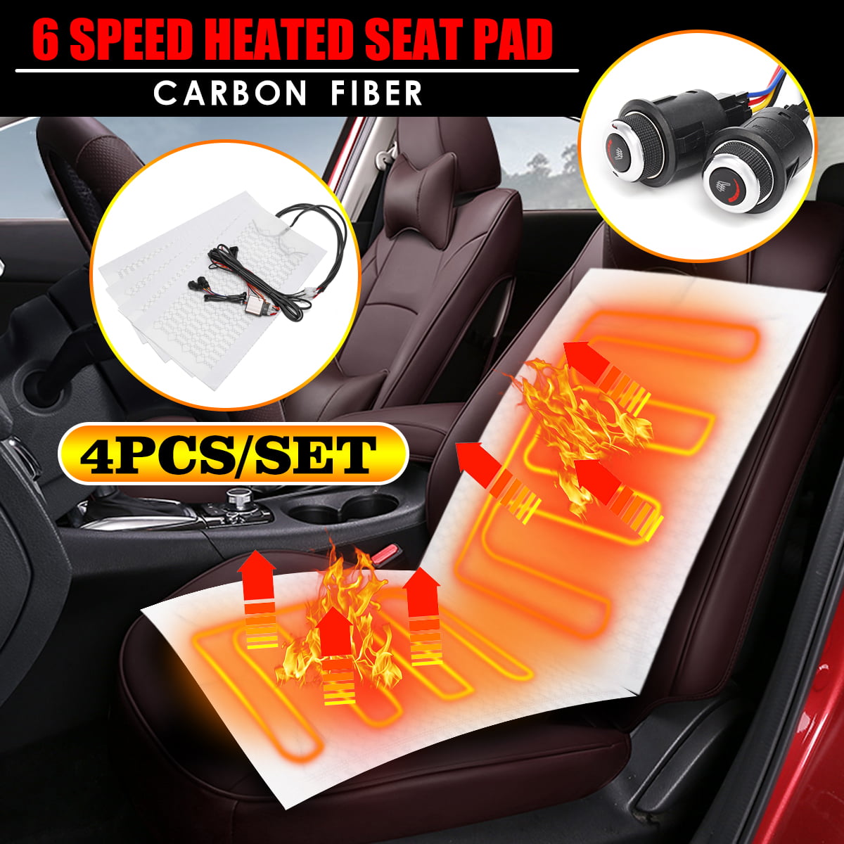 4 Pads 2 Seats 12V Car Carbon Fiber Heated Seat Heater Cushion Round Switch Kit